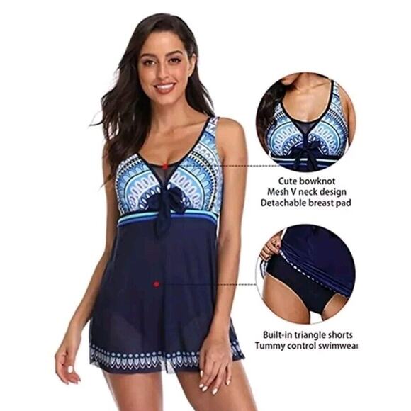 Blue Multicolor Aztec Sheer overlay Swim Dress Swimsuit Padded One Piece XXL - Picture 5 of 8